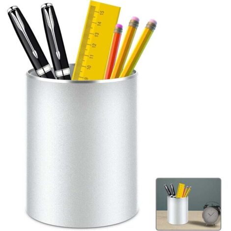 ZVD pot a crayon bureau,rangement bureau organisateur rond en métal et aluminium pour bureau, école, maison et enfants, Fond en silicone antidérapant (Argent) (1/4)