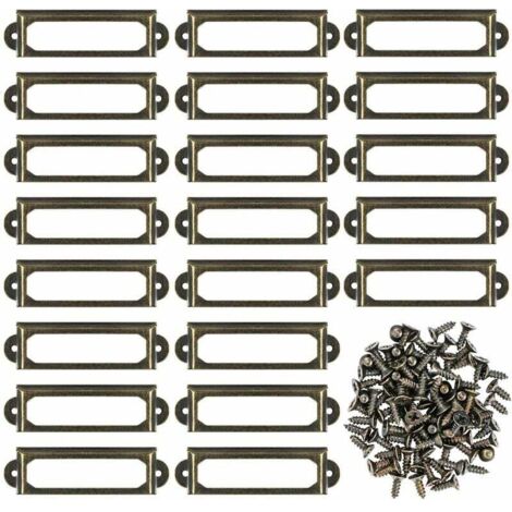 ZVD Lot de 50 porte-étiquettes en métal avec vis pour meubles, tiroirs, armoires, cartes, plaques de nom pour bureau, bibliothèque, étagères - Bronze (S-59 x 17 mm) (1/4)