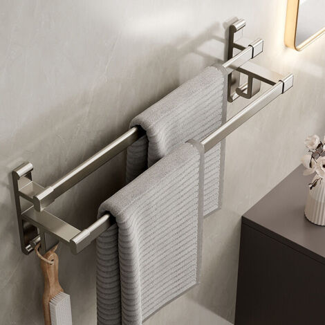Porte-serviettes Salle de Bain - Sans Trous, Double Bras, Aluminium Autoadhésif, Gris Métallisé, 50CM
