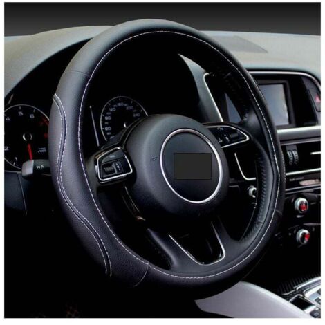 ZVD Housse de volant de voiture style sport contrasté antidérapant et respirant en similicuir PU 38 cmLigne blanche ronde (1/4)