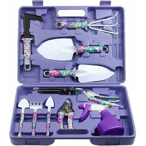 10 pièces Kit outils du jardinier, ensemble d'outils de jardin, poignée ergonomique truelle râteau désherbeur sécateur pulvérisateur, outils à main de jardin avec étui de transport cadeaux de jardinag