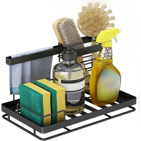 Kitchen Sink Sponge Holder, Kitchen Sink Storage Sponge Brush Holder Organizer with Drainage Tray, for Storage Dishwashing Liquid, Sponge, Cleaning Brush, Dish Towels (Black) (1/5)
