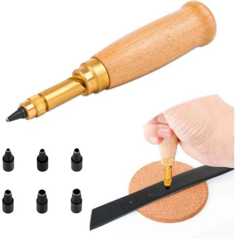 ZVD Poinçon automatique pour cuir Manche en bois avec 6 outils Pointes de reliure, 1,5 mm, 2 mm, 2,5 mm, 3 mm, 3,5 mm, 4 mm, poinçons interchangeables, pour la couture, le cuir, le papier, l'artisanat (1/4)