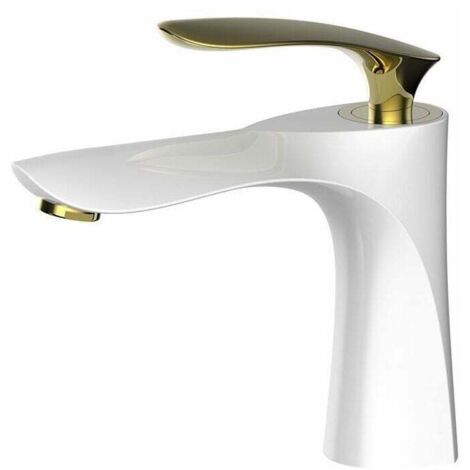ZVD Robinet de lavabo de salle de bain au fini blanc Mitigeur chromé doré Lavabo à montage sur pont à Robinet en laiton à double finition (avec tuyau) (1/4)