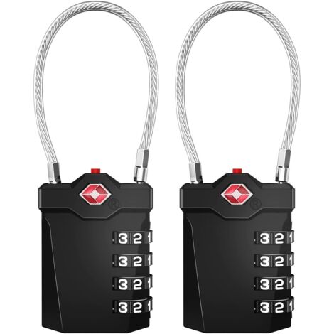Suitcase Padlock, 4-Digit TSA Combination Padlock with Opening Alarm, Gym Cable Lock (2 Pieces, Black) (1/5)