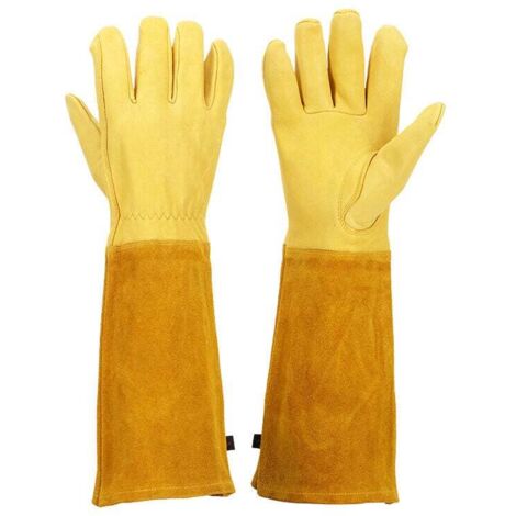 ZVD Gants de jardinage Gauntlet pour femmes et hommes, gants d'élagage respirants pour roses avec gantelet anti-épines, manches longues en cuir de vachette durable Gants de jardin (L, Jaune) (1/4)