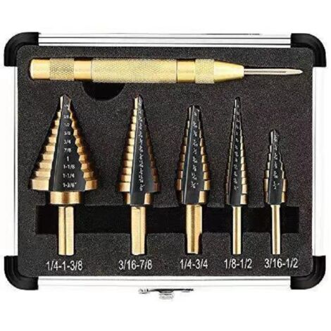 Foret Étagé 5PCS avec Poinçon Central Automatique et Foret Hélicoïdal - Coupe Conique Double Fente Revêtu de Titane (1/4)