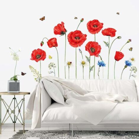 ZVD Autocollant mural fleur de pavot rouge autocollant mural fleur papillon décoration murale chambre salon enfants bureau (1/4)