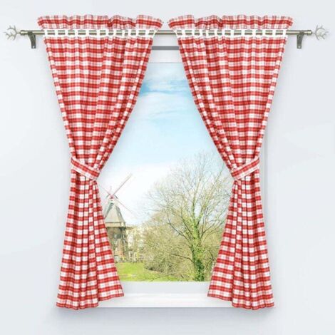 ZVD Ensemble de 2 Pièces de Rideaux Opaque Perforés avec 2 Embrasses Motif à Carreaux Décoration de Fenêtre pour Chambre Intérieur Rouge H/L 120/80cm (1/4)