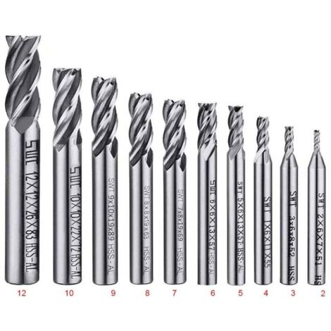 ZVD Lot de 10 forets à 4 cannelures - de 2 à 12 mm Fraise en Bout- Ensemble de forets à tige droite HSS CNC pour perceuse - Ensemble d'outils pour bois, aluminium, acier et titane (1/4)