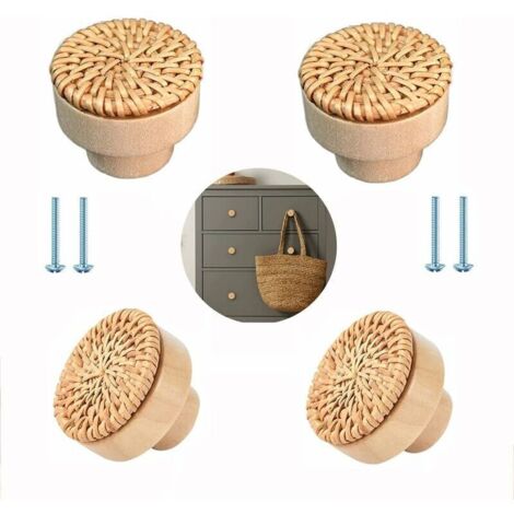 ZVD Lot de 4 boutons de meubles en rotin - Style bohème - Pour meubles - En bois - Style vintage (1/4)