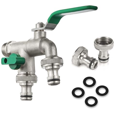 Robinet en Laiton pour Machine à Laver - Sortie d'Eau Double, 1/2"3/4"3/4", pour Cuisine, Jardin (Vert) (1/5)