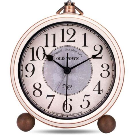 ZVD Reveil Vintage sans Tic-tac, Métal Beige Reveil Classique Rétro, Elégant Déco Silencieuse Horloge de Table Chevet Chambre Bureau 13.5cm (1/4)