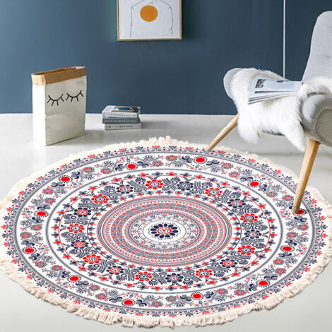 Tapis Salon Tapis rond en coton tissé à la main - Motif mandala - Style bohème vintage - Avec pompons - Lavable en machine - Pour chambre à coucher, couloir, salon, table basse - 60 cm (1/2)