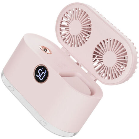 ZVD Petit ventilateur humidificateur 2 en 1, rechargeable par USB, vent fort, portable, double pales, pour bureau, chambre à coucher, rose (1/5)