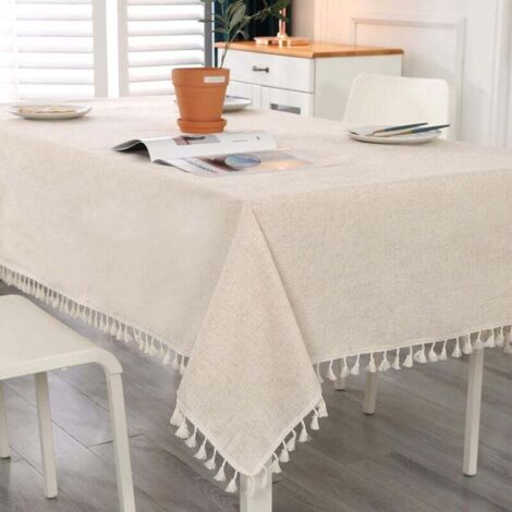 Nappe rectangulaire beige, antitache, lavable, en coton et lin avec pompons, pour anniversaire, mariage, salle à manger, 140 x 180 cm (1/4)