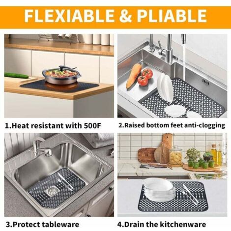 Tapis d'évier de cuisine en silicone, grand tapis d'égouttage en silicone, protection de comptoir en silicone, protection d'évier pliable et résistante à la chaleur (1/3)