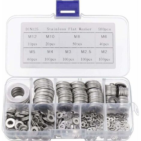 Rondelles en acier inoxydable avec boîte de rangement (580 pièces) - Assortiment de 9 tailles M2, M2.5, M3, M4, M5, M6, M8, M10 et M12 - Ensemble de rondelles métalliques - Réparations, usines et I (1/4)
