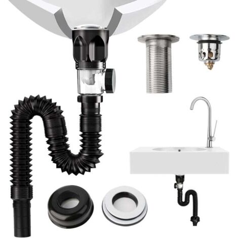 1 kit de bonde de lavabo - Kit de tuyau de vidange pour lavabo - Siphon anti-odeur - Filtre pop-up - 415 à 950 mm - Peut être étendu (1/4)