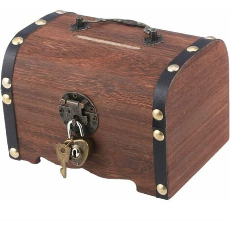 ZVD-Tirelire de coffre au trésor en bois rétro, petite boîte en bois antique, tirelire décorative, boîte de rangement pour économiser de l'argent, décoration de la maison de cadeau de mariage (1/4)