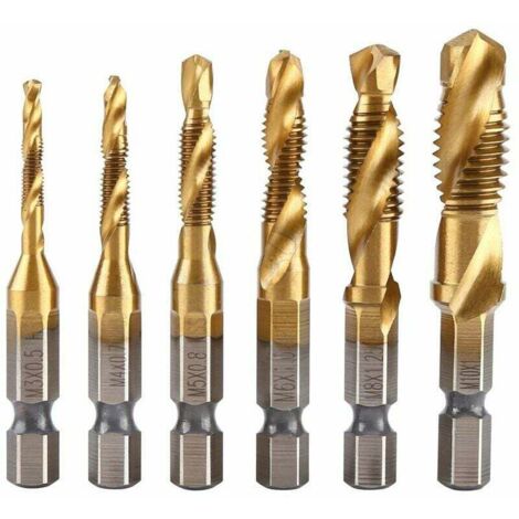 ZVD-Lot de 6 tarauds filetés, foret taraud, filetage métrique M3-M10 avec revêtement en titane HSS et embouts de taraudage 1/4" queue hexagonale cannelée pour tarauder différents fils. (1/4)