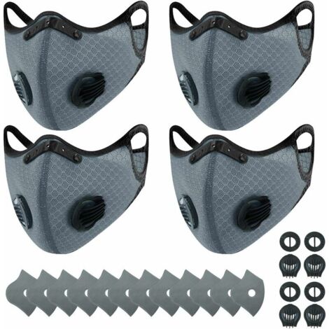 ZVD-4 masques anti-poussière de sport + 12 filtres à charbon actif, réutilisables, respirants, activités de plein air, travail du bois, tonte et course, cyclisme gris- (1/4)