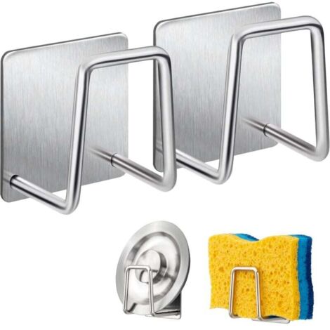ZVD-Support pour Éponge- Crochet pour éponge à vaisselle en acier inoxydable 304, adhésif - Accessoires pour évier - Crochet adhésif, rangement de la cuisine et la salle de bain (2PACK, argent). (1/4)