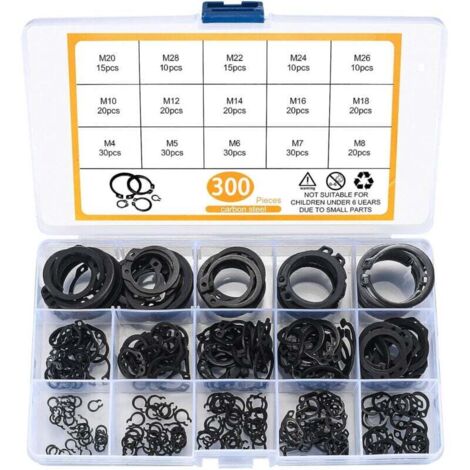 300 Pièces E-clips Kit Anneau de Retenue Externe, Assortiment Circlips Snap, Bagues d'arrêt Circlips, M4-M28 (1/4)