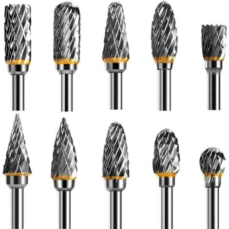ZVD-Jeu de Fraises Rotatives Acier Carbure de Tungstène Double Tranchant pour Outil rotatif, 10 pièces Tige 1/8” pour Outil Rotatif pour Bricolage, Sculpture sur bois, Polissage métaux, Gravure, Perça (1/4)