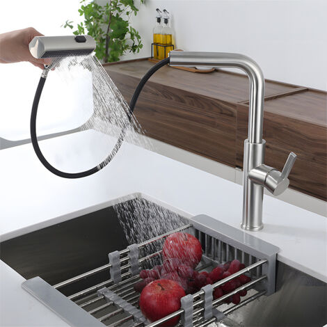 Robinet de cuisine multifonctionnel à douchette extractible, acier inoxydable, finition cascade et bec extractible, chromé (1/5)