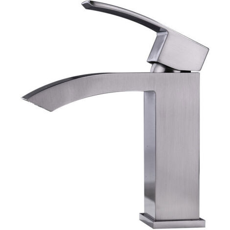 Robinet de lavabo cascade extra-plat en acier inoxydable 304, installation monotrou, poignée relevable, argenté (1/5)