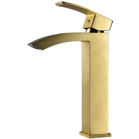Robinet de lavabo haut à effet cascade en acier inoxydable 304, design incurvé, poignée relevable, doré