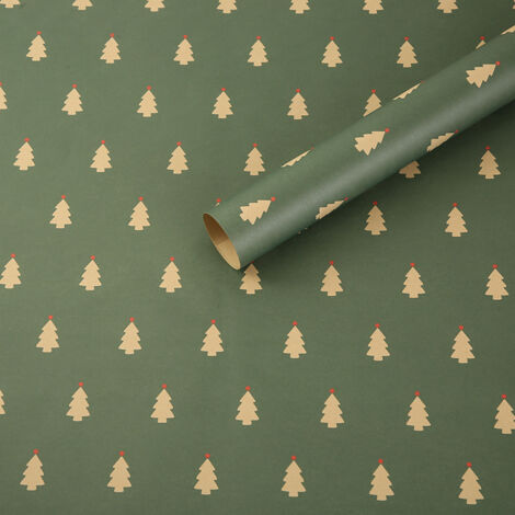 Papier cadeau kraft de Noël 75 x 50 cm, écologique, motif sapin de Noël vert, 5 pièces (1/5)