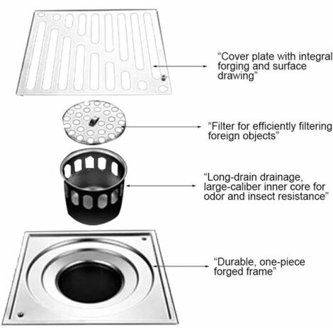 EJ.life Drain de plancher de douche carré Siphon de sol en acier EJ.life Drain de plancher de douche carré Siphon de sol en acier