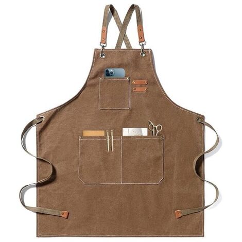 ZVD Tablier de chef, tablier de jardinage en toile de coton avec grandes poches pour hommes et femmes, bavoir de cuisine, tablier de jardin réglable robuste-Café (1/4)