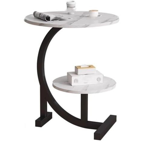 ZVD Table d'appoint de canapé à 2 niveaux, petite table basse moderne avec plateau en faux marbre et pieds en forme de C, table d'appoint ronde, plateau en faux marbre et cadre en métal (1/4)