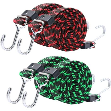 Cordons élastiques réglables avec crochets, lot de 4 sangles élastiques plates de 2 m avec boucle en métal robuste, corde élastique élastique pour porte-bagages, déplacement de cargaison, camping (ver (1/4)
