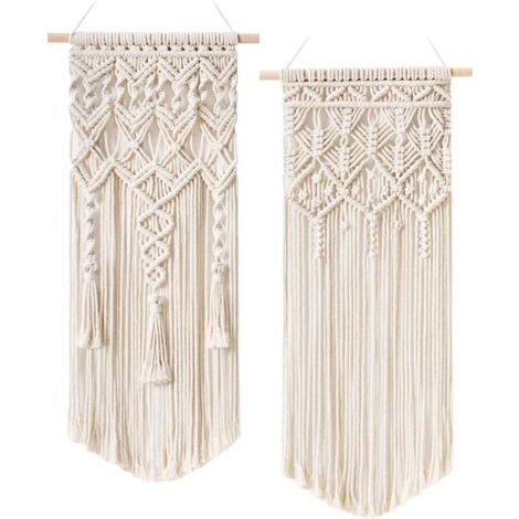 2 Pcs Macramé Tissé Wall Hanging Boho Chic Bohemian Home Geometric Art Decor - Beautiful Apartment Dorm Room Decoration, 75cm (L) x 35cm (W)