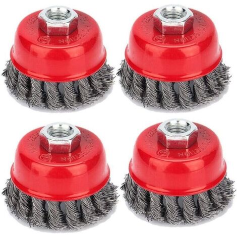 Lot de 4 brosses coniques, meuleuses, brosse métallique, brosse coupelle torsadée, brosses de ponçage pour meuleuse d'angle, élimination de la corrosion, Ø 75 mm, M142 (1/4)