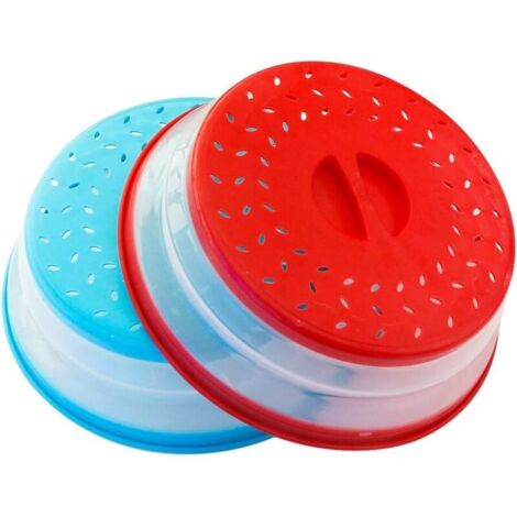 Lot de 2 couvercles pliables pour micro-ondes sans BPA TPR, 26,7 cm, rond avec poignée rouge + bleu…
