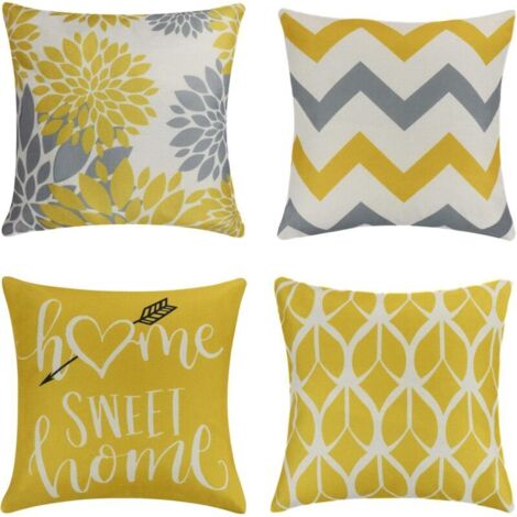 Lot de 4 Housse de Coussin 45x45cm Moderne Taies d'oreiller Décoratif Canapé Taie d'oreiller Decoration Maison Salon Chambre pour Canapé Chaise, Geometrict Pattern, Lin, Jaune (1/4)