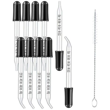 Pipettes en Verre, Compte-Gouttes en Verre calibré à bout droit et coudé,Pipette Graduée en Verre Compte-gouttes 1ml,Avec Brosse de Nettoyage,pour huiles essentielles,peinture d'art,laboratoire,11pcs