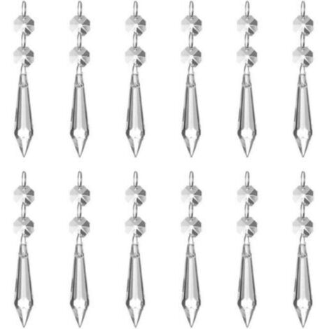 (Pack of 12) 62 mm Ice Prism Pendant Crystal Glass Clear Chandelier Ice Drops Sun Catcher with 12 Octagonal Beads and Rings for Lamp Garden Party Christmas Wedding Decor (1/4)