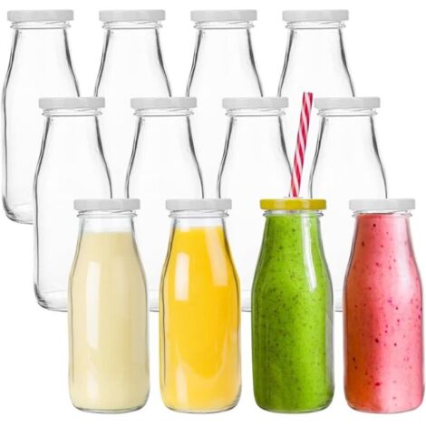 Lot de 12 Smoothie Bouteille Bouteilles en Verre jus Bouteilles de Lait Liqueur avec 12 pailles réutilisables et 24 couvercles argentés - 325ml (1/3)