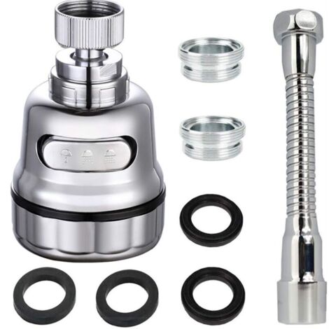 Aérateur de robinet de cuisine, 360 degrés, 3 modes, acier inoxydable/plastique/silicone, argent (1/4)