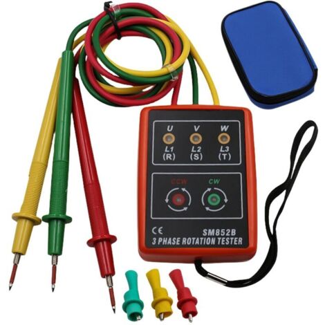 Testeur de phase portable à 3 phases : compteur de champ rotatif AC 60 V 600 V, testeur de rotation à 3 phases, testeur de tension avec buzzer et pinces crocodiles pour appareils de haute (1/4)