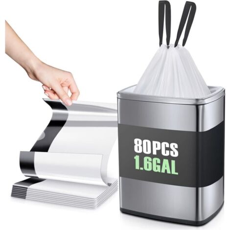 1,6 gallon 80 sacs poubelles solides avec cordon de serrage, petits sacs en plastique, doublures de poubelle pour la maison, le bureau, la cuisine, la salle de bain, la chambre à coucher, doublures bl (1/4)