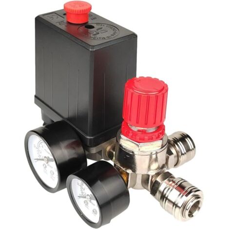 Pressostat de compresseur d'air, 6,35 mm, 220 V, régulateur de contrôle de soupape de sécurité avec jauges 90 120 PSI pour régulation de la pression (blanc) (1/4)