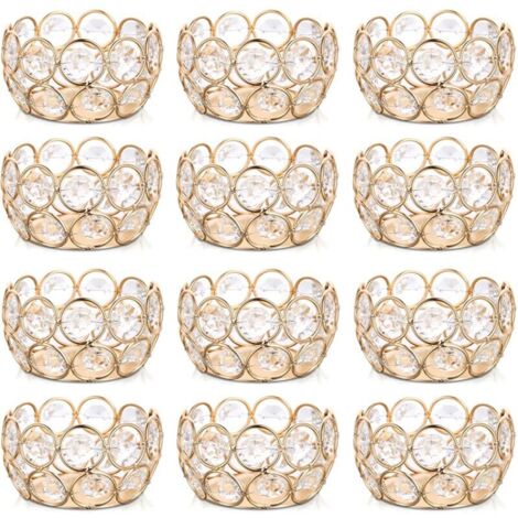 FENOPLASTICABougeoir de Cristal Lot de 12, Chandelier Supports pour Bougies Chauffe-Plat pour Table Deco Noel Mariage Fête Banquet Anniversaire Décor, 8cm, Bordure en Or Métal