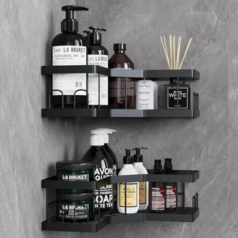 Rangement Salle de Bain, 2 Pcs Noir Etagere Salle de Bain Accessoire sans Percage, Acier au Carbone Etagere Douche avec Adhésif, Rangement Douche (1/4)